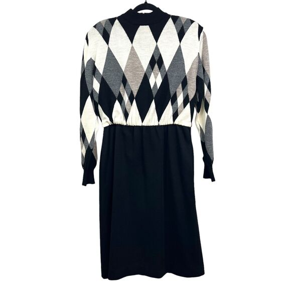 Ciao Ltd Dresses & Skirts - Vintage Ciao Ltd Women Wool Knit Dress Stretch Long Sleeve Lined Black Cream 12*